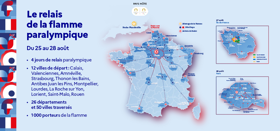 Infographie représentant la carte de France et les différentes étapes du relais de la flamme paralympique