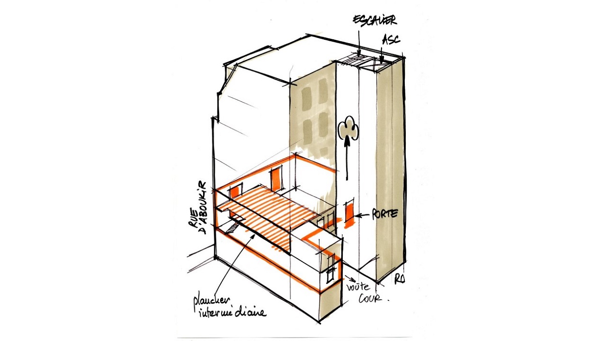 Croquis opérationnel de René Dosne - Parallélépipède vertical mentionnant le plancher, l'escalier, la voûte de la cour et la porte d'un immeuble rue d'Aboukir