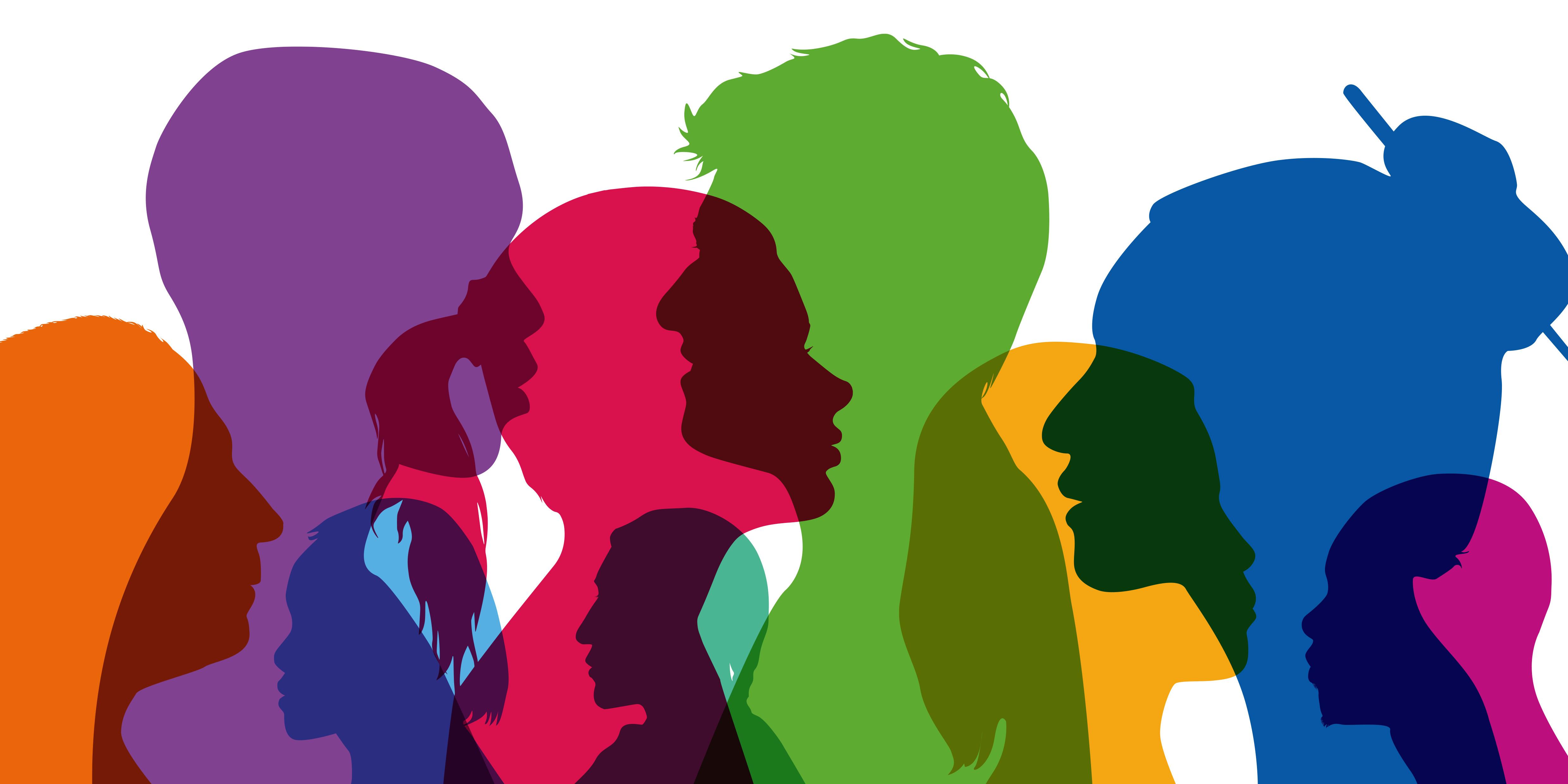 L'infographie représente un groupe de différentes personnes, hommes et femmes. Les couleurs ne sont pas réalistes : rose, bleu, jaune, vert, rose, violet