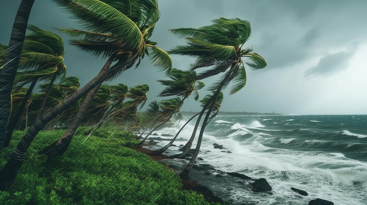 Tempète tropicale, ouragan, palmiers couchés par les vants violents, mer et océan agités